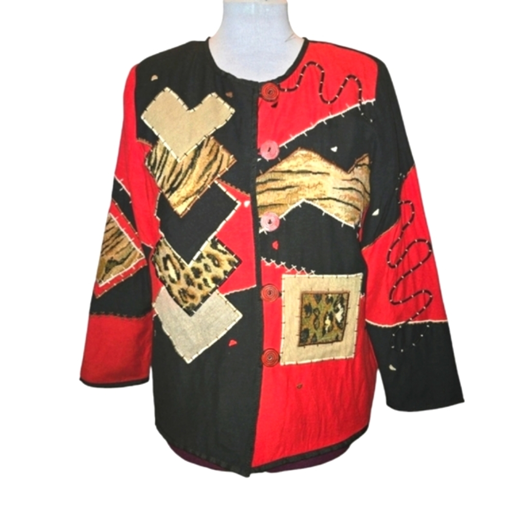 Indigo Moon Vintage Red,‎ Black & Animal Print Patchwork Boho Blazer Size M